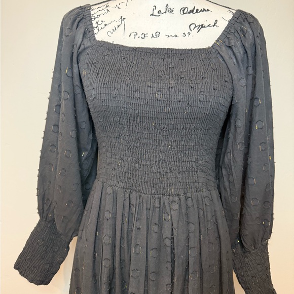 Oliphant Smocked Top Ruffle Midi- Midnight Black/Gold Tiered Dress, Size SMALL - Picture 17 of 17